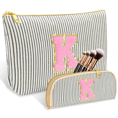 2 PCS Initial Makeup Bag, Personalized Travel Cosmetic Bag/11 12 13 14 15 16 Years Old Girl Gifts, Preppy Stuff Birthday Gifts for Women Friends, Skincare Bag, Teen Girl Gift Trendy StuffBlack K
