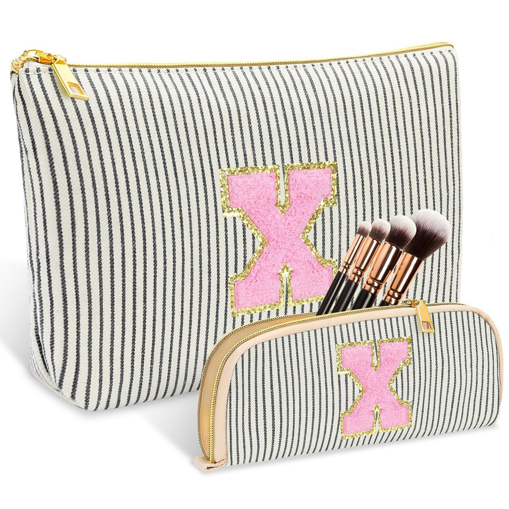 2 PCS Initial Makeup Bag, Personalized Travel Cosmetic Bag/11 12 13 14 15 16 Years Old Girl Gifts, Preppy Stuff Birthday Gifts for Women Friends, Skincare Bag, Teen Girl Gift Trendy StuffBlack X