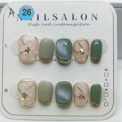 Three-dimensional flower Long Luxury False Nails Press on Nails Nude Nails Tips Full Cover Glitter Fake Nails Women Girls (Size : L)