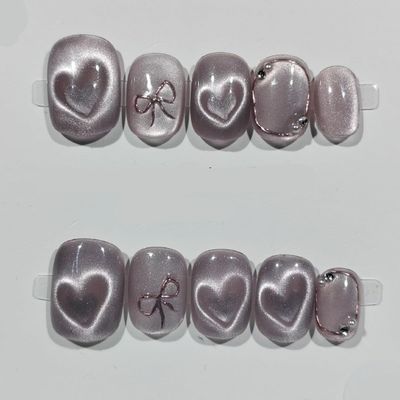Handmade Nail Art Wearing Armor New Year's Love Cat's Eye Butterfly Purple Luxury Nails Tips Full Cover Glitter Fake Nails (Size : S)