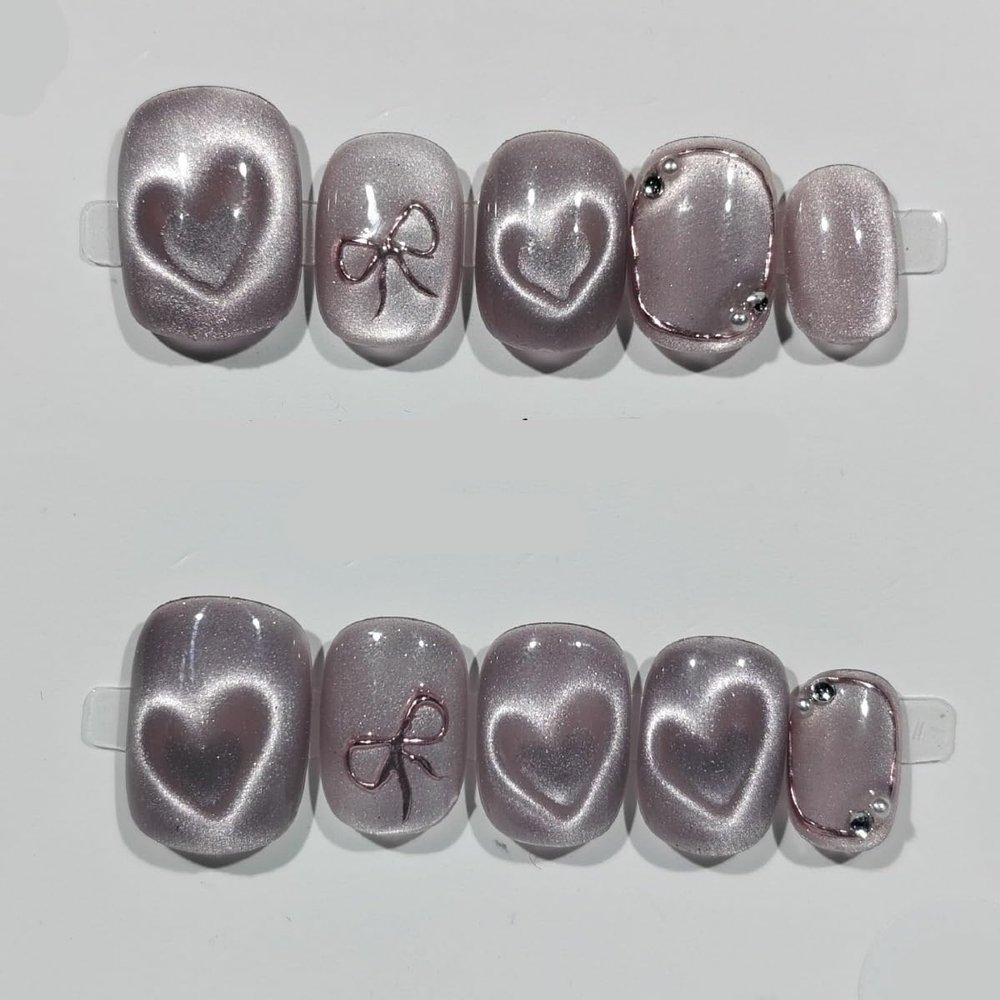 Handmade Nail Art Wearing Armor New Year's Love Cat's Eye Butterfly Purple Luxury Nails Tips Full Cover Glitter Fake Nails (Size : S)