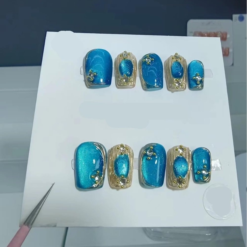 Handmade Nail Wearing Shining Diamond Blue Cat Eye Blue Gold Beauty Press on Nails Nails Tips Full Cover Glitter Fake Nail (Size : S)