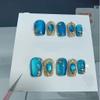 Handmade Nail Wearing Shining Diamond Blue Cat Eye Blue Gold Beauty Press on Nails Nails Tips Full Cover Glitter Fake Nail (Size : S) view 1