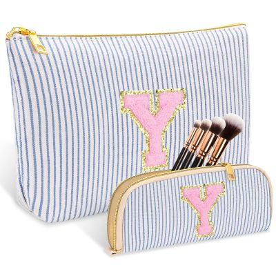 2 PCS Initial Makeup Bag, Personalized Travel Cosmetic Bag/11 12 13 14 15 16 Year Old Girl Gifts, Preppy Stuff Birthday Gifts for Women Friends, Skincare Bag, Teen Girl Gift Trendy Stuff, Blue Y
