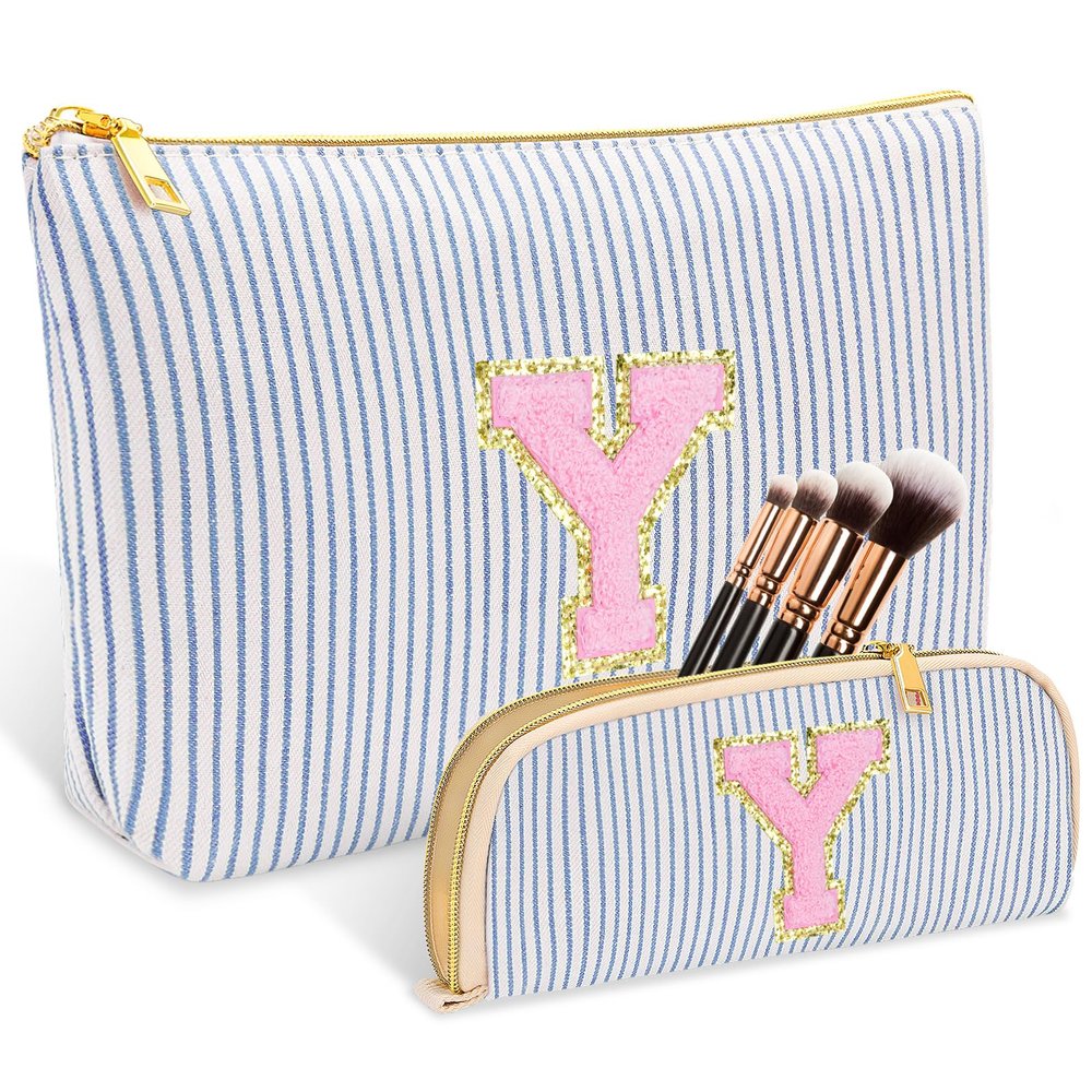 2 PCS Initial Makeup Bag, Personalized Travel Cosmetic Bag/11 12 13 14 15 16 Year Old Girl Gifts, Preppy Stuff Birthday Gifts for Women Friends, Skincare Bag, Teen Girl Gift Trendy Stuff, Blue Y