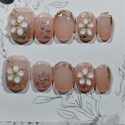 Short Luxury False Nails Pearls Press on Nails Nude Nails Tips Full Cover Glitter Fake Nails for Women and Girls Pink flowers (Size : M)