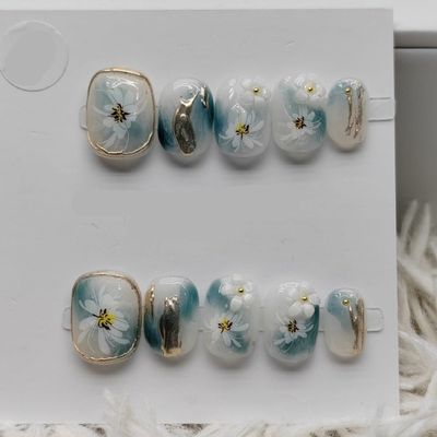 Handmade Nail Wearing and Nail Enhancement Nail Wearing and Nail Wearing Ice Transparent Blue Jade White Chrysanthemum Short (Size : XS)