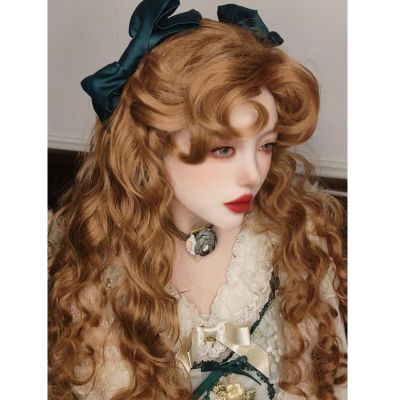 SCORRO 26in Retro Curly Long Wig with Curly Styling Bangs, Honey Brown Blonde Wavy Water Wave Lolita Wig for Women (Brown)