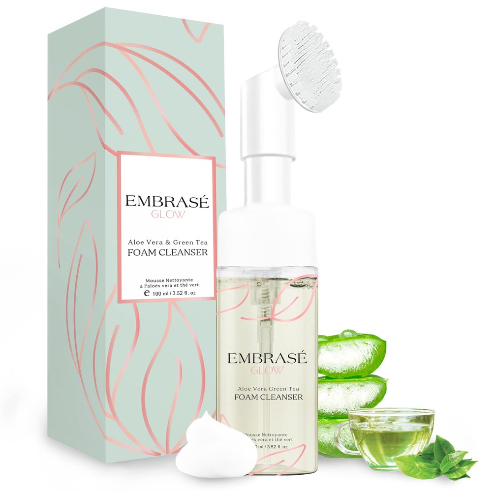 EG EMBRAS GLOW Foaming Facial Cleanser - Infused with Green Tea, Aloe Vera, and Cucumber - Facial Cleanser for Women & Men - Gentle for All Skin Types! - Natural Face Wash