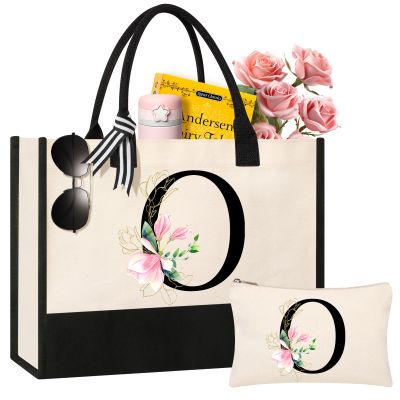 AYGE Personalized Initial Canvas Beach Tote, Monogrammed Gifts for Women, Makeup Bag, Birthday Gifts for Sister, Mom, Teacher, Bridesmaid