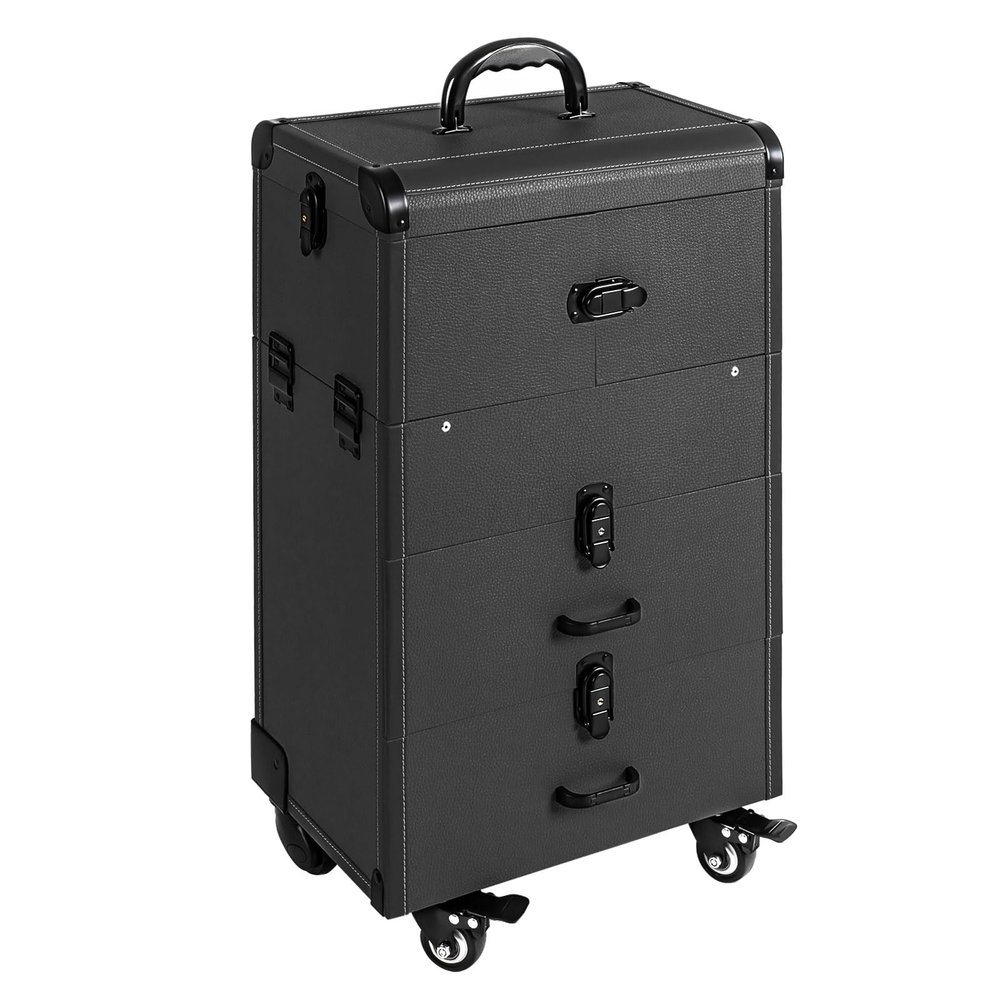 Bacacoo Rolling Makeup Case, Lockable Portable Cosmetic Organizer Trolley, Large Make up Cosmetic Orgainzer with 4 Universal Wheels and Locks, Portable Cosmetics Organizer Trolley for Travel (Black)