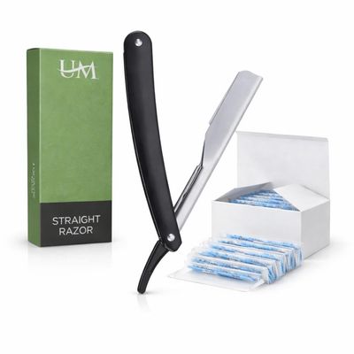 UM Supplies Straight Razors for Men Professional Barber Straight Edge Razor Kit with 10 Replaceable Insert Single Edge Blades - Navajas Para Barbero (Black Slideout)