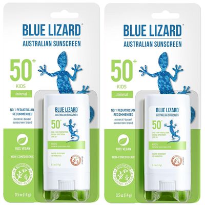 BLUE LIZARD Mineral Sunscreen Stick with Zinc Oxide SPF 50+ Water Resistant UVA/UVB Protection Easy to Apply Fragrance Free, Kids, Unscented, 0.5 oz (Pack of 2)