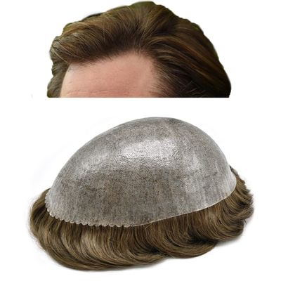 Toupee For Men Durable Skin PU Mens Toupee Replacement Systems Full Poly Skin PU Natural pieces For Men Hairpiece 6"x8"#7 Very Light Brown-120% Medium Light to Medium Density