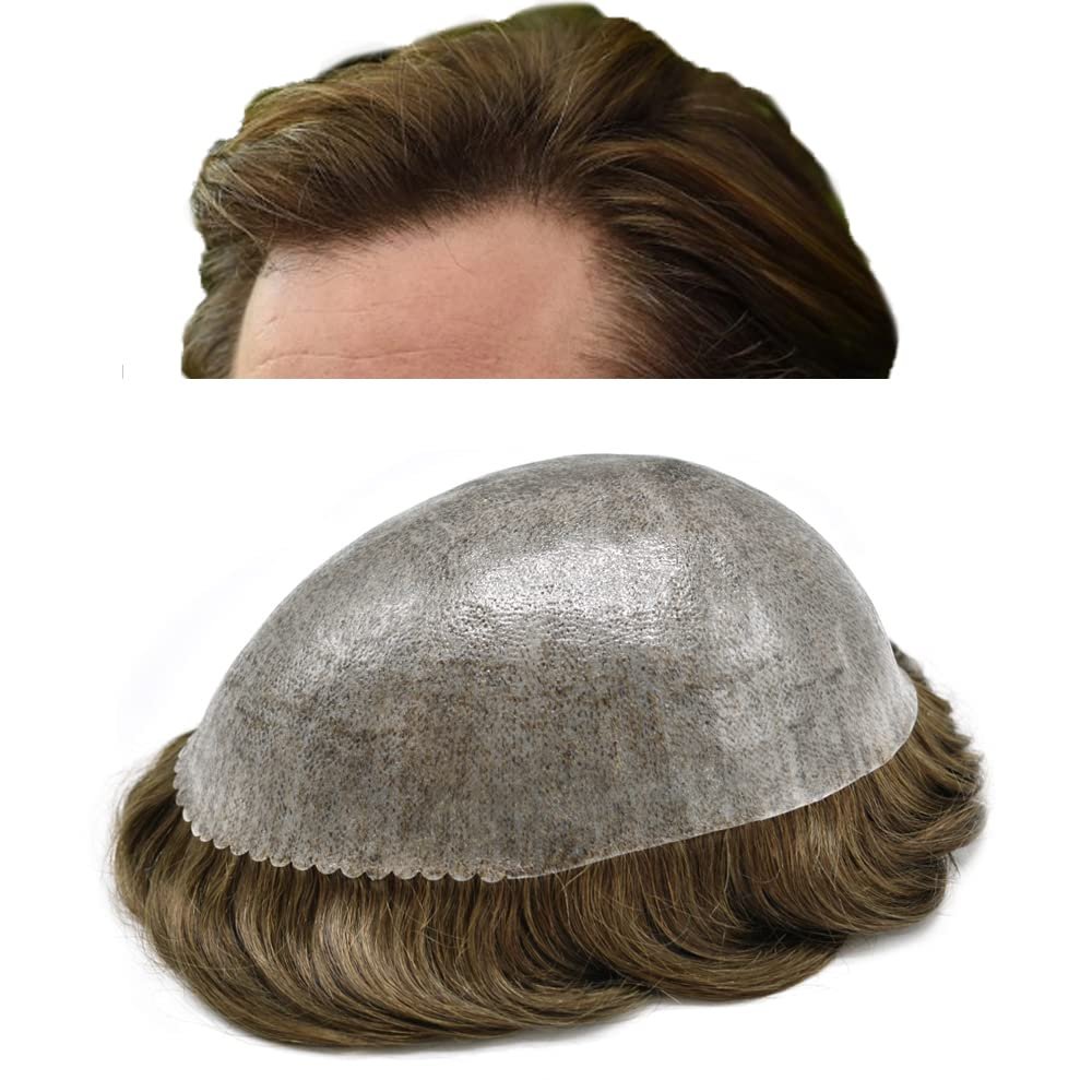 Toupee For Men Durable Skin PU Mens Toupee Replacement Systems Full Poly Skin PU Natural pieces For Men Hairpiece 6"x8"#7 Very Light Brown-120% Medium Light to Medium Density