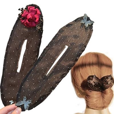 2PCS Hand Embroidered Flowers Deft Bun - Ball Hair Clip Bun Roller, Lazy Hair Curler Bun, Flowers Deft Bun Maker (#02)