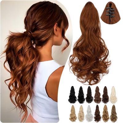 Cephermer Ponytail Extension Claw 18" Long Curly Wavy Clip in Natural Looking Synthetic Hair Extension Ponytail Hairpiece for Women Light Auburn