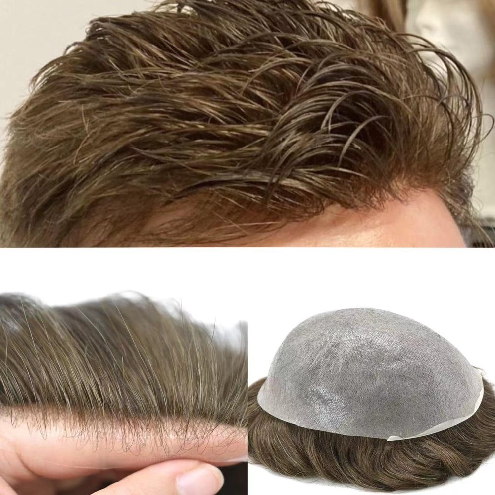 Hair System For Men 0.06mm Ultra Thin Skin V-looped Human Hair Mens Toupee Natural Hairline Mens Hair Replacement System Ultralight Hair System8"x10"#520 Medium Light Brown with 20% gray-80% Density