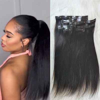 RHEANNA PU Clip In Hair Extensions Human Hair Burmese Straight Invisible Seamless Clip Ins For Black Women 100g 12inch