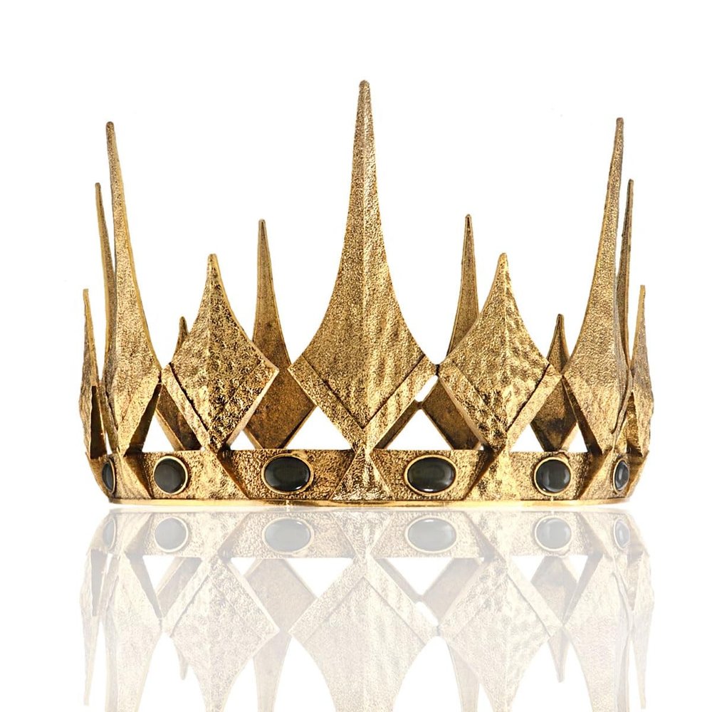 Royal Queen King Opal Crown Round Crown For Birthday Cosplay Homecoming Party Halloween Decoration (Large Size 7.28" Diameter, Dark Gold With Black Stone)