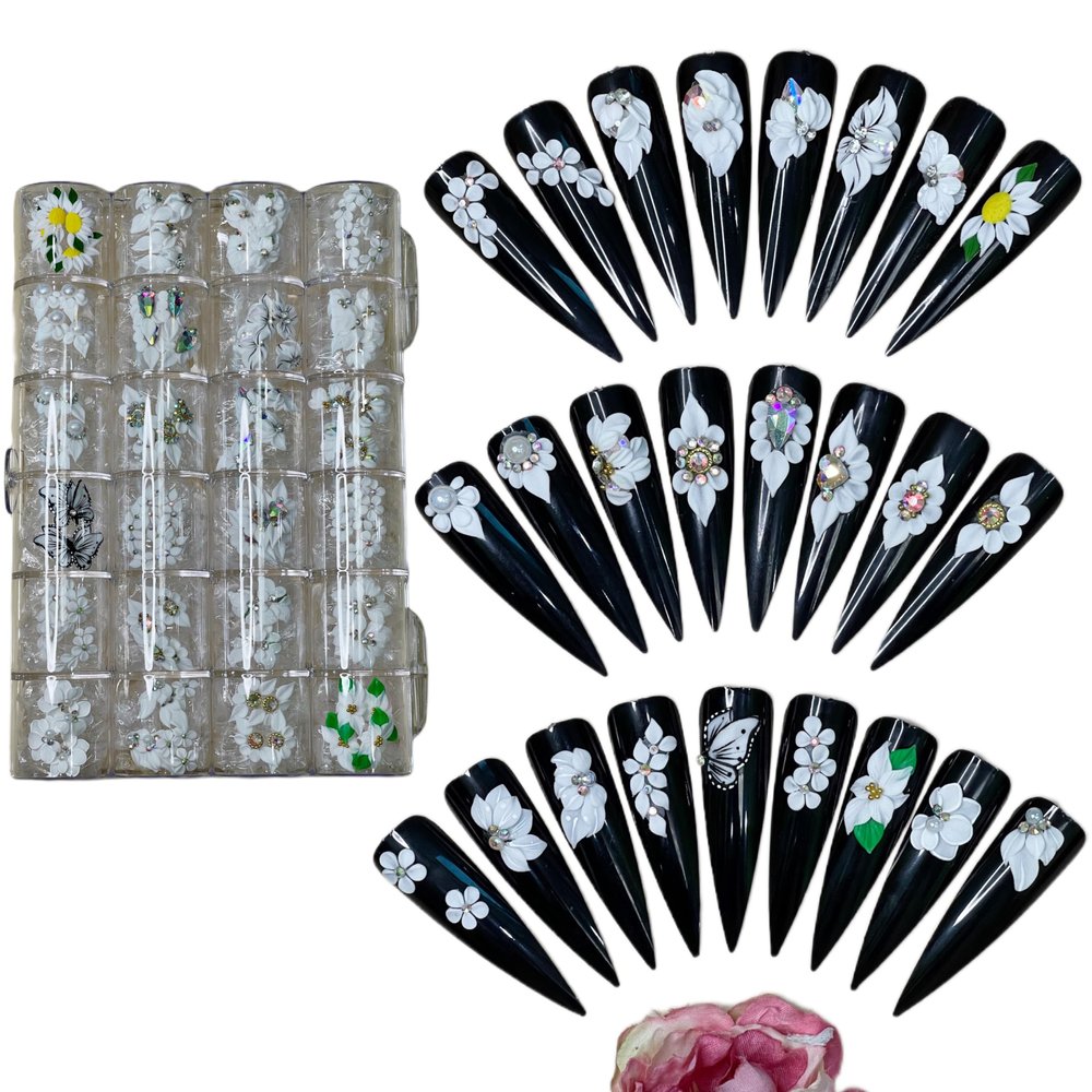 Set 100Pcs Handmade 3D Acrylic Flowers For Nails Art Decor Set, White 3D Flowers For Nails, Acrylic Flower Nail Art Diverse Collection in One Box for Nail Designs For Women (White 100PCs)