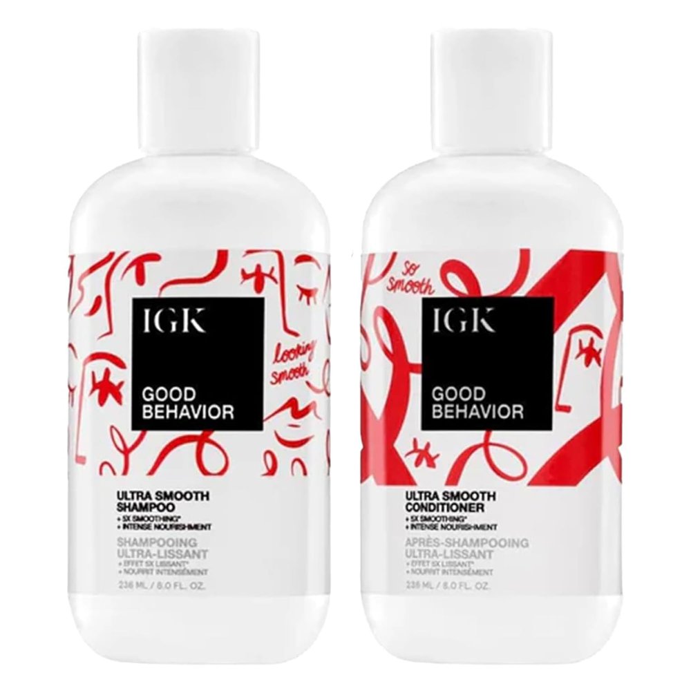 IGK GOOD BEHAVIOR Ultra Smooth Shampoo and Conditioner Set (8 Oz) + Bonus Travel Size Packettes | Volume + Thickening | Vegan + Cruelty-Free |