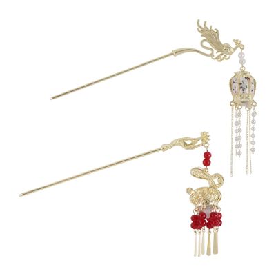 2 PCS Chinese Ancient Style Lantern Hair Stick Lantern Tassel Pendant Hairpin Metal Headdress Accessories With Light