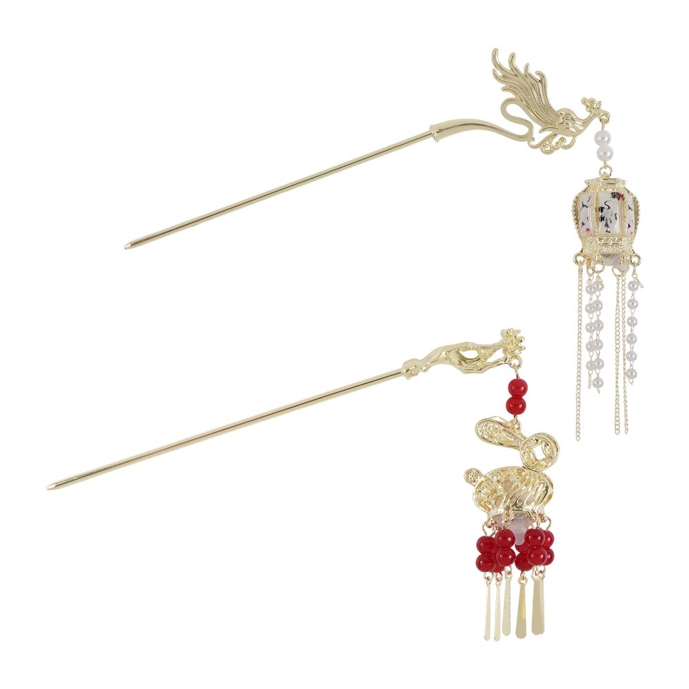 2 PCS Chinese Ancient Style Lantern Hair Stick Lantern Tassel Pendant Hairpin Metal Headdress Accessories With Light