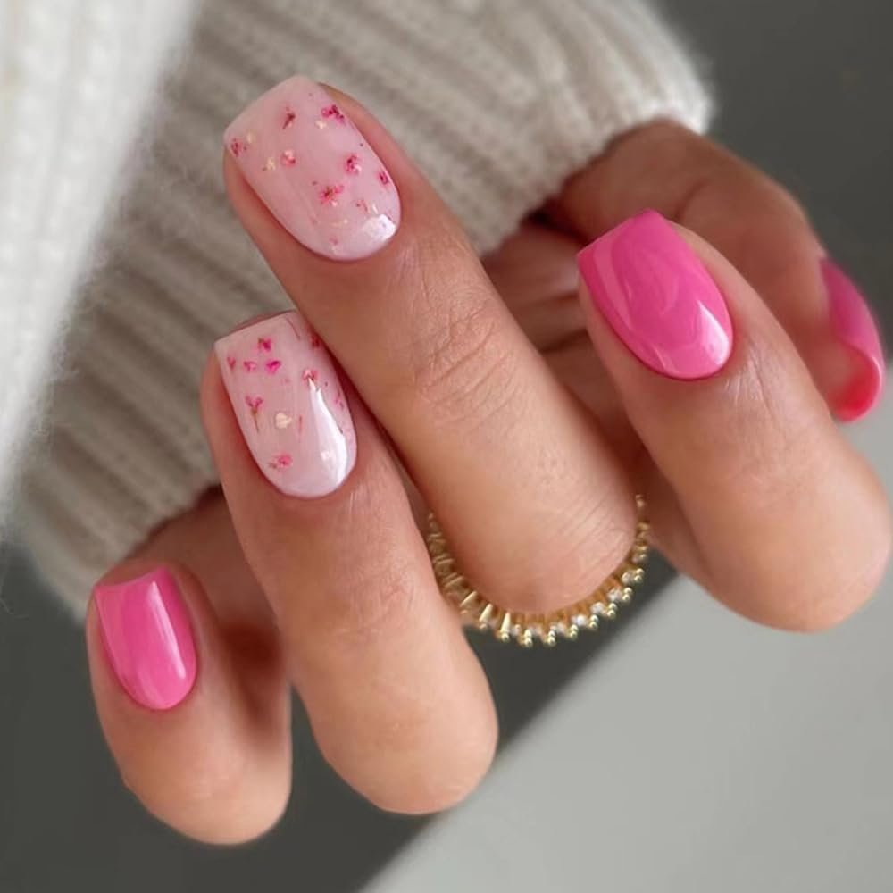 24Pcs SquarePress on Nails Short Cute Flowers Fake Nails Spring Pink Gradient False Nails Glossy Full Cover Acrylic Nails Reusable Natural Stick on Nails with Glue for Women DIY Manicure Decoration