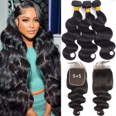 12A Body Wave 3 Bundles with 55 HD Lace Closure (20 22 24+18") 100% Unprocessed Brazilian Virgin Body Wave Human Hair Weave Bundles with Closure Natural Color