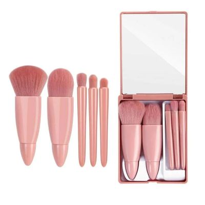NinthAvenue Basics Portables Travel Makeup Brush Set, 5pcs Mini Complete Function Cosmetic Brushes Kit with Brush Case Built-in Mirror, Portable Cosmetics Brushes for Eyeshadow, Powder, Foundation, pink