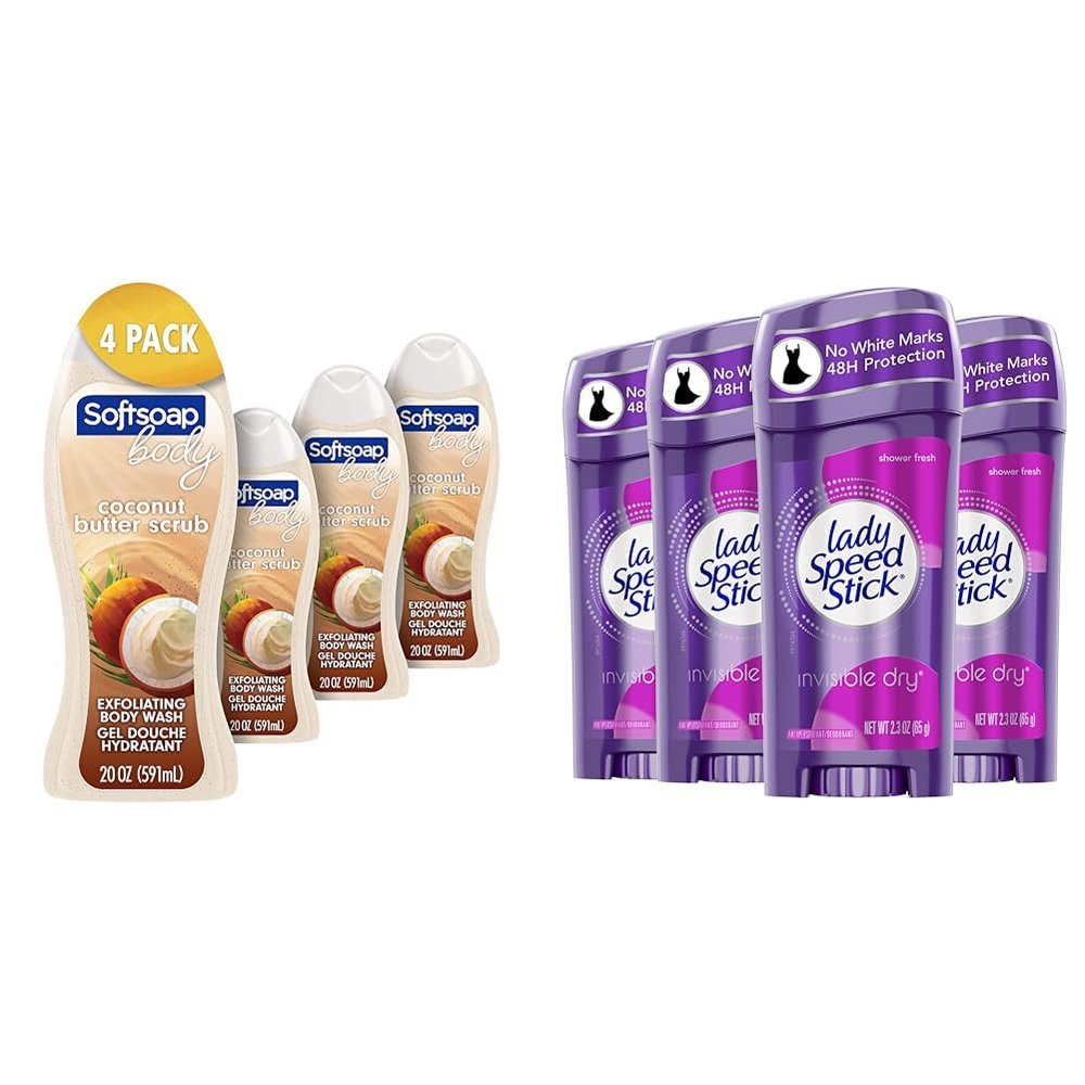 Softsoap Body Wash, Coconut Butter Scrub, Exfoliating Body Wash, 20 Ounce, 4 Pack & Lady Speed Stick Invisible Dry Antiperspirant Deodorant, Shower Fresh, 2.3oz, 4 Pack