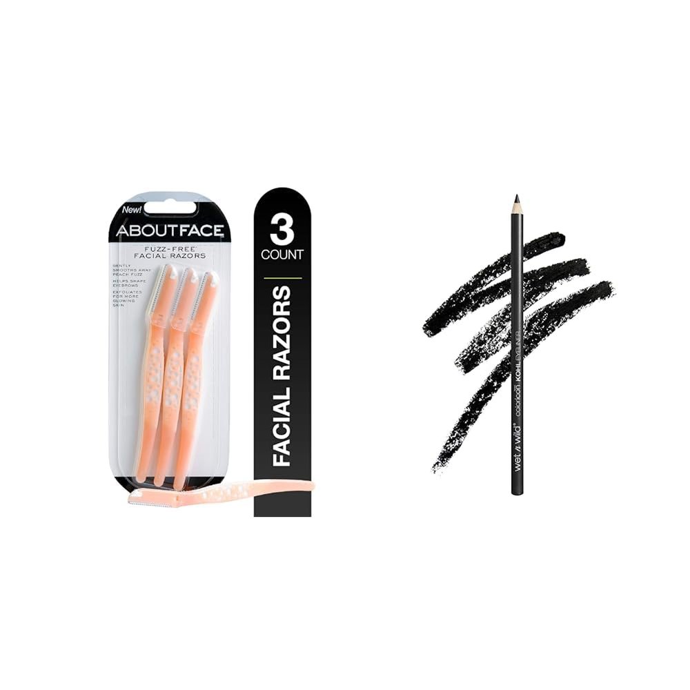 About Face Fuzz-Free Facial Razors for Shaving & Exfoliating - Includes 3 Beauty Groomers & wet n wild Color Icon Kohl Eyeliner Pencil Black, Long Lasting, Highly Pigmented