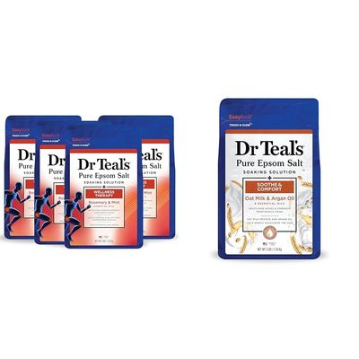 Dr Teal's Pure Epsom Salt Soak, Wellness Therapy with Rosemary & Mint, 3 lbs (Pack of 4) (Packaging May Vary) & Pure Epsom Salt, Soothe & Comfort with Oat Milk & Argan Oil, 3lbs (Packaging May Vary)