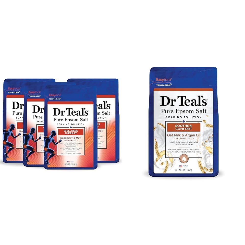 Dr Teal's Pure Epsom Salt Soak, Wellness Therapy with Rosemary & Mint, 3 lbs (Pack of 4) (Packaging May Vary) & Pure Epsom Salt, Soothe & Comfort with Oat Milk & Argan Oil, 3lbs (Packaging May Vary)