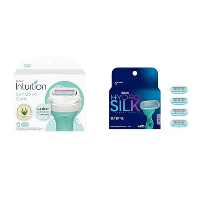 Schick Intuition Refill, Razors for Women Sensitive Skin & Schick Hydro Silk Moisturizing Razor Blade Refills for Women with Shower Hanger, 4 Count