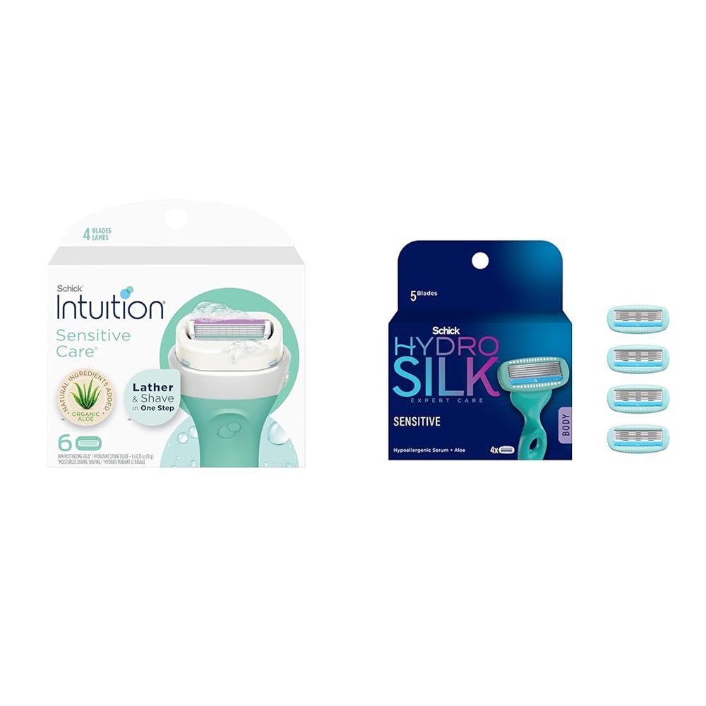 Schick Intuition Refill, Razors for Women Sensitive Skin & Schick Hydro Silk Moisturizing Razor Blade Refills for Women with Shower Hanger, 4 Count