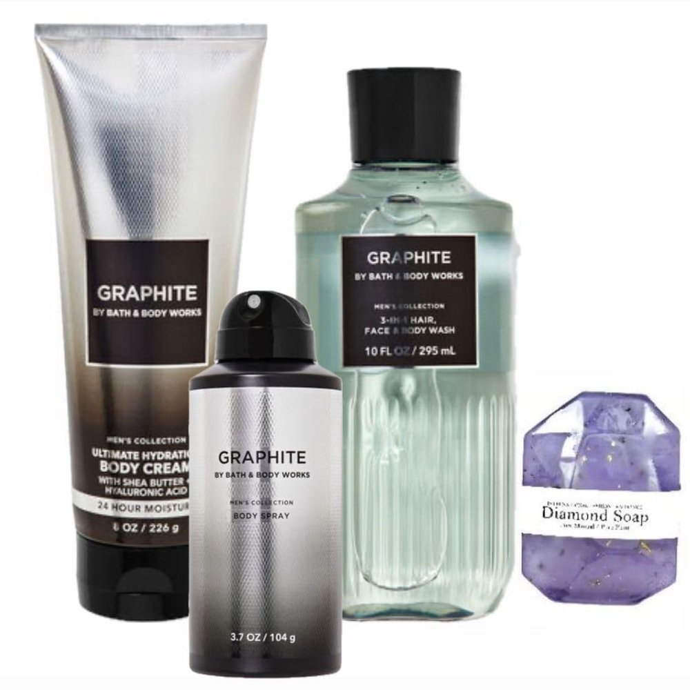 White Barn - Bath & Body Works - Men's Collection - 3 Piece Bundle - Spray - Body Cream - Shower Gel and Diamond Soap Soap (Graphite), Beige