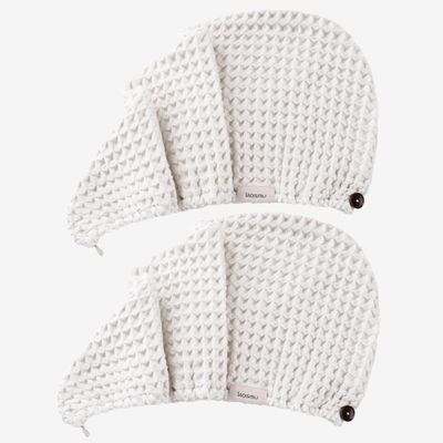 100% Organic Cotton Hair Drying Waffle Towel Wrap for Women | Absorbent & Quick Dry Head Turban for Wet Hair in Shower Sauna Spa, Extra Large for Long Straight Curly Plopping Button (White, 2 PACK)