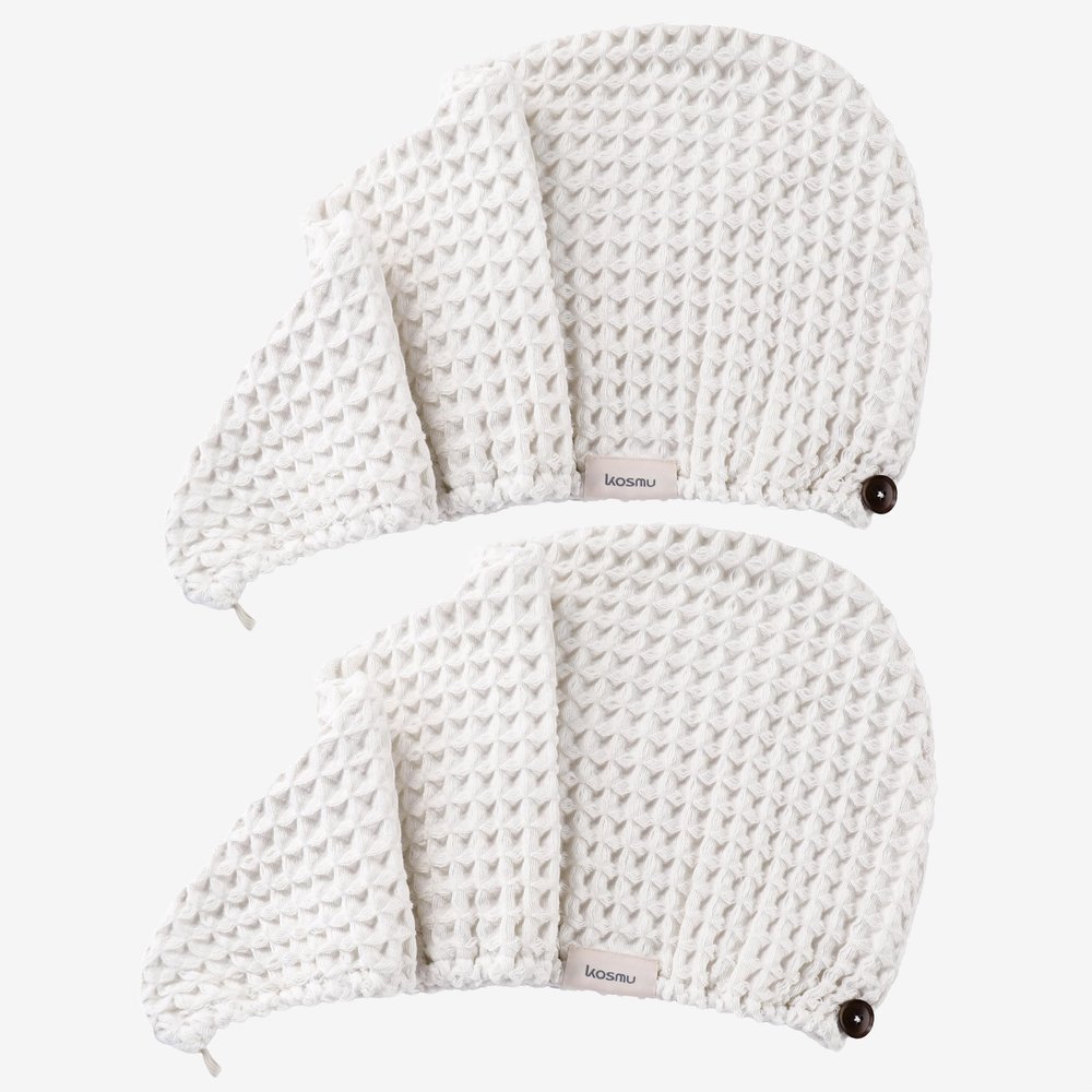 100% Organic Cotton Hair Drying Waffle Towel Wrap for Women | Absorbent & Quick Dry Head Turban for Wet Hair in Shower Sauna Spa, Extra Large for Long Straight Curly Plopping Button (White, 2 PACK)