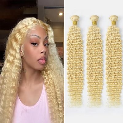 Honey Blonde Bundles Color 613 Human Hair Bundles Blonde Deep Wave Bundles Double Weft Brazilian Remy Hair Wet and Wavy Bundles Silky and Soft for Black Women (14 16 18 Inch 3 Bundles)