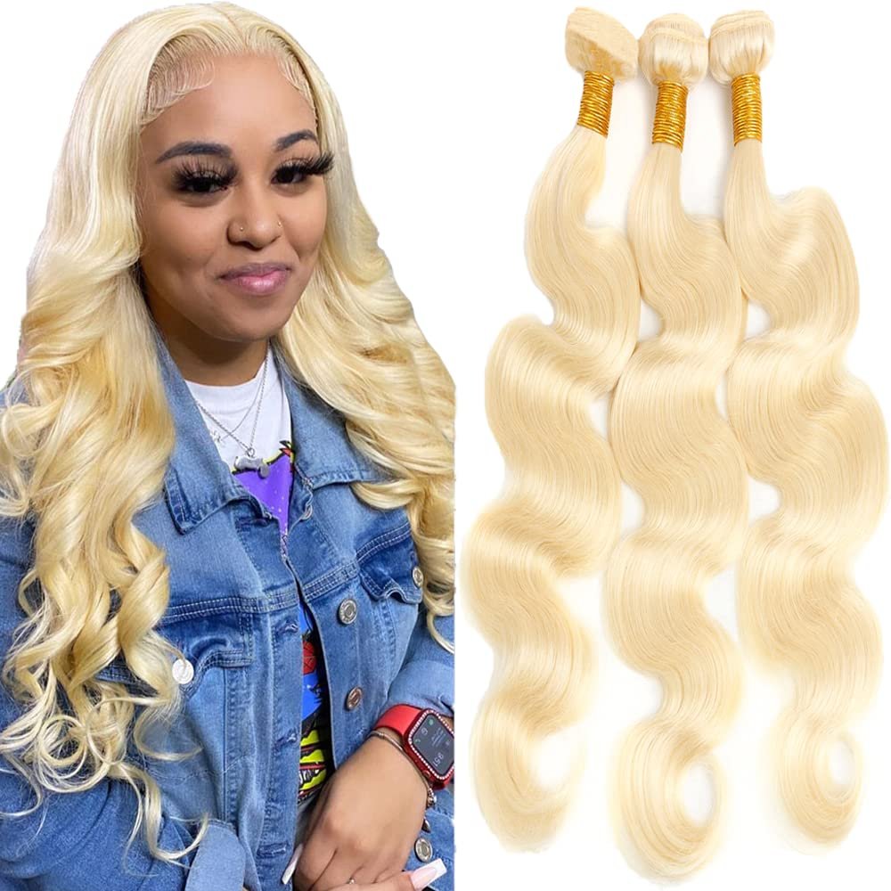 Blonde Bundles Human Hair Honey Blonde Body Wave Bundles Color 613 Human Hair Bundles Brazilian Hair Double Weft Wet and Wavy Bundles Silky and Soft for Black Women (20 22 24 Inch 3 Bundles)