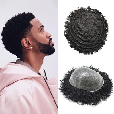 Afro Kinky Curly Toupee for Black Men Full Poly Human Hair Units African American Durable Black Mens Hair System Brazilian Hair Wig Afro Wavy8"X10"#1B Off Black-14mm Wave