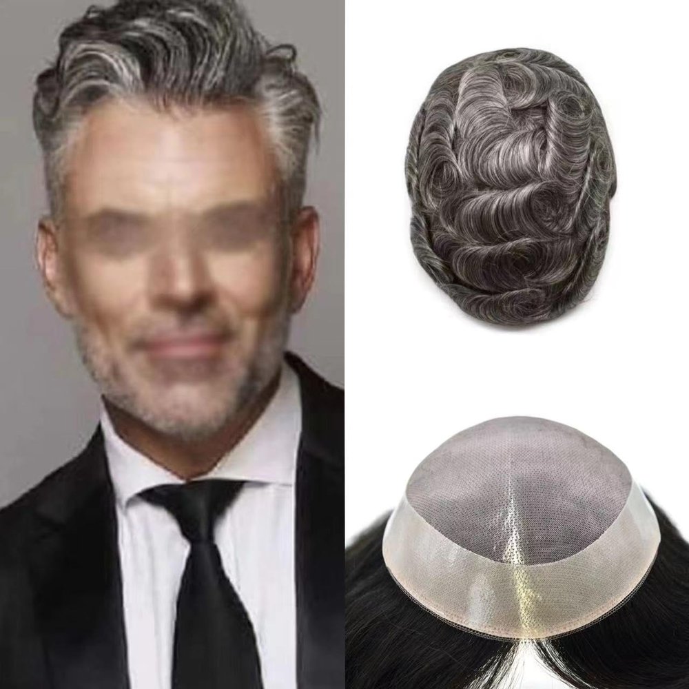 Mens Toupee Fine Mono With Poly Coating Around Hair System For Men Lace Natural Hairline Mens Hair Replacement System Durable Toupee For Men NPU Hairpiece7"x9"250# 2# Darkest Brown+50% gray