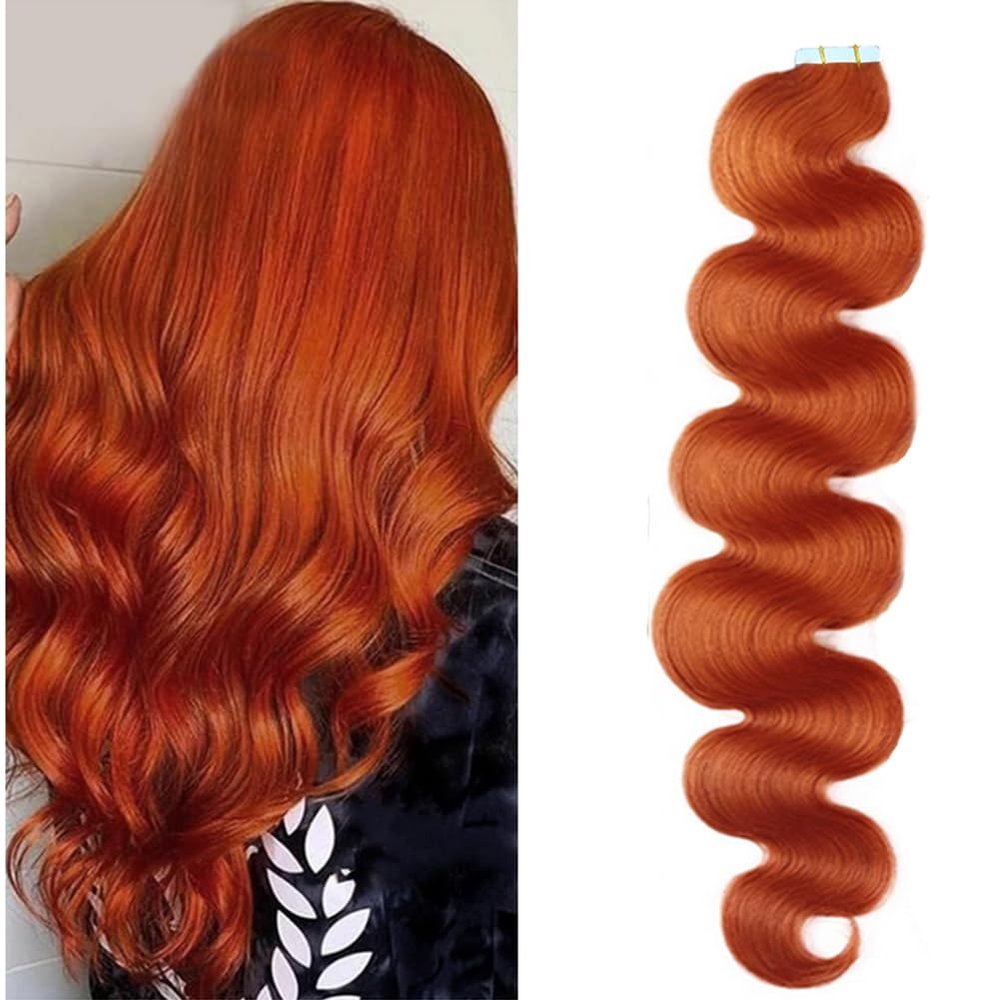Kiss darling LASHES Raw Body Wave Tape in Human Hair Extensions 40pcs 100g #350 Ginger Orange Color Natural PU Skin Weft Invisible Seamless Reusable Tape in Hair Extensions 16inch