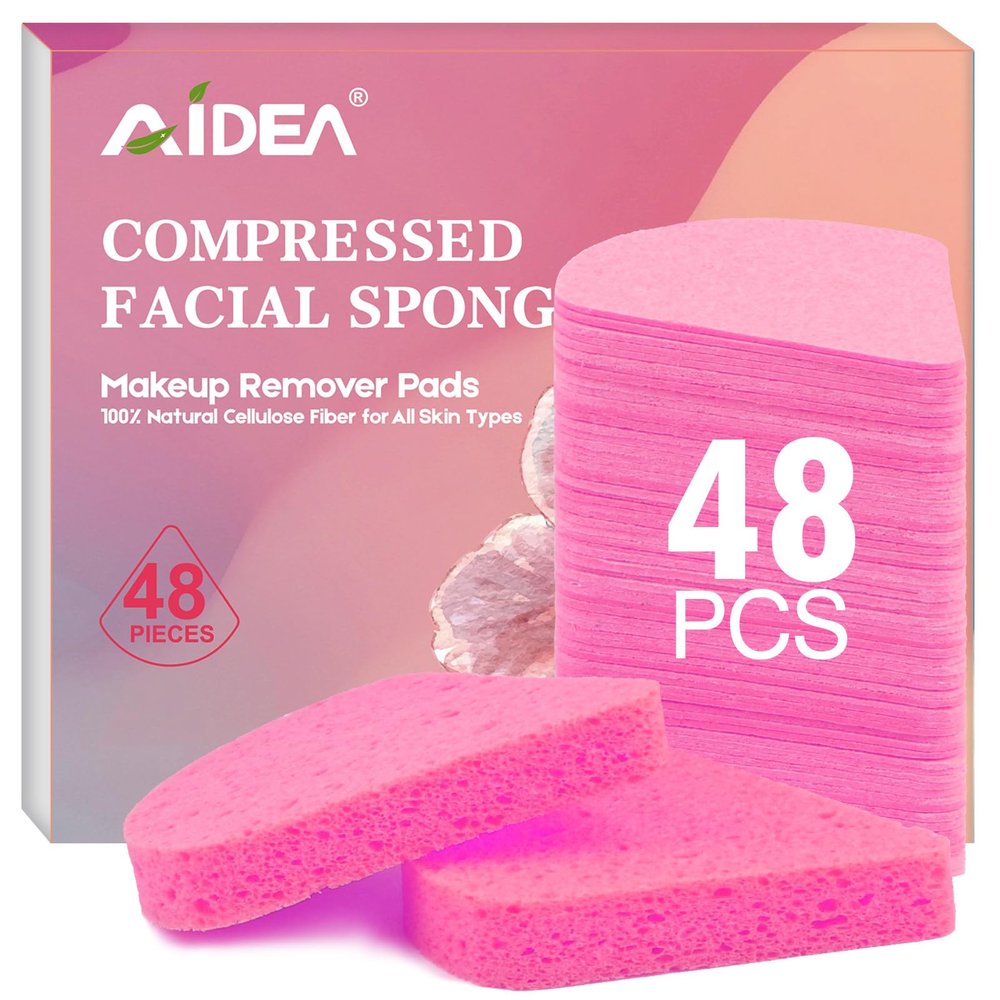 AIDEA 48Count Compressed Facial Sponges Pink, Disposable Face Sponges, 100% Natural Cellulose Cosmetic Spa Sponges for Facial Cleansing, Exfoliating, Makeup Remover Pads, Travel Essentials
