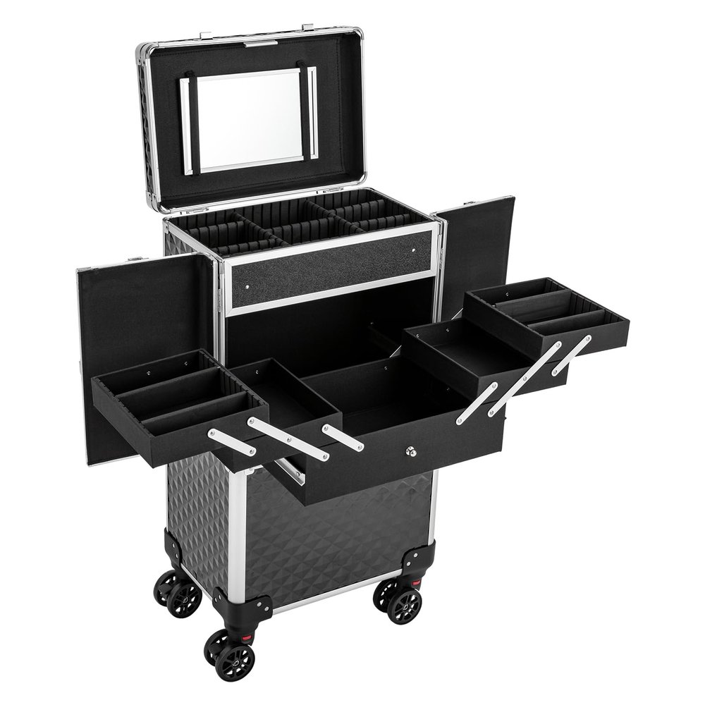 LENJKYYO Professional Makeup Artist Rolling Train Case, Multi-functional Cosmetic Train Case with Wheels, Large Trolley Storage Case, Cosmetology Case for Hair Stylists, Beauticians