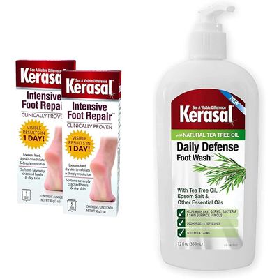 Kerasal Intensive Foot Repair Skin Healing Ointment for Cracked Heels and Dry Feet 1 oz, 2 Count & Daily Defense Foot Wash Daily Cleanser for Feet, 12 Ounce