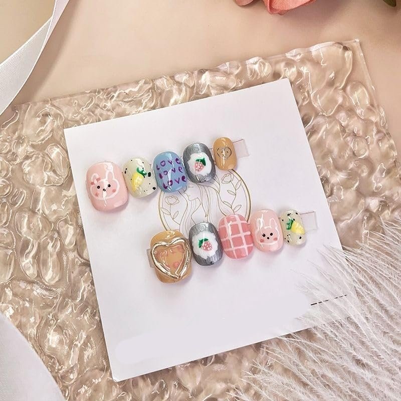 Handmade Nail Art with Cute Rabbit Short Detachable Fake Nails Reusable Includes Tools girl Wearing nails (Size : M)