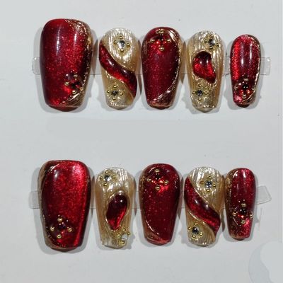 Handmade Nail Art New Red Cat Eye New Year Long Fake Nails Reusable Nails Tips Full Cover Glitter (Size : XS)